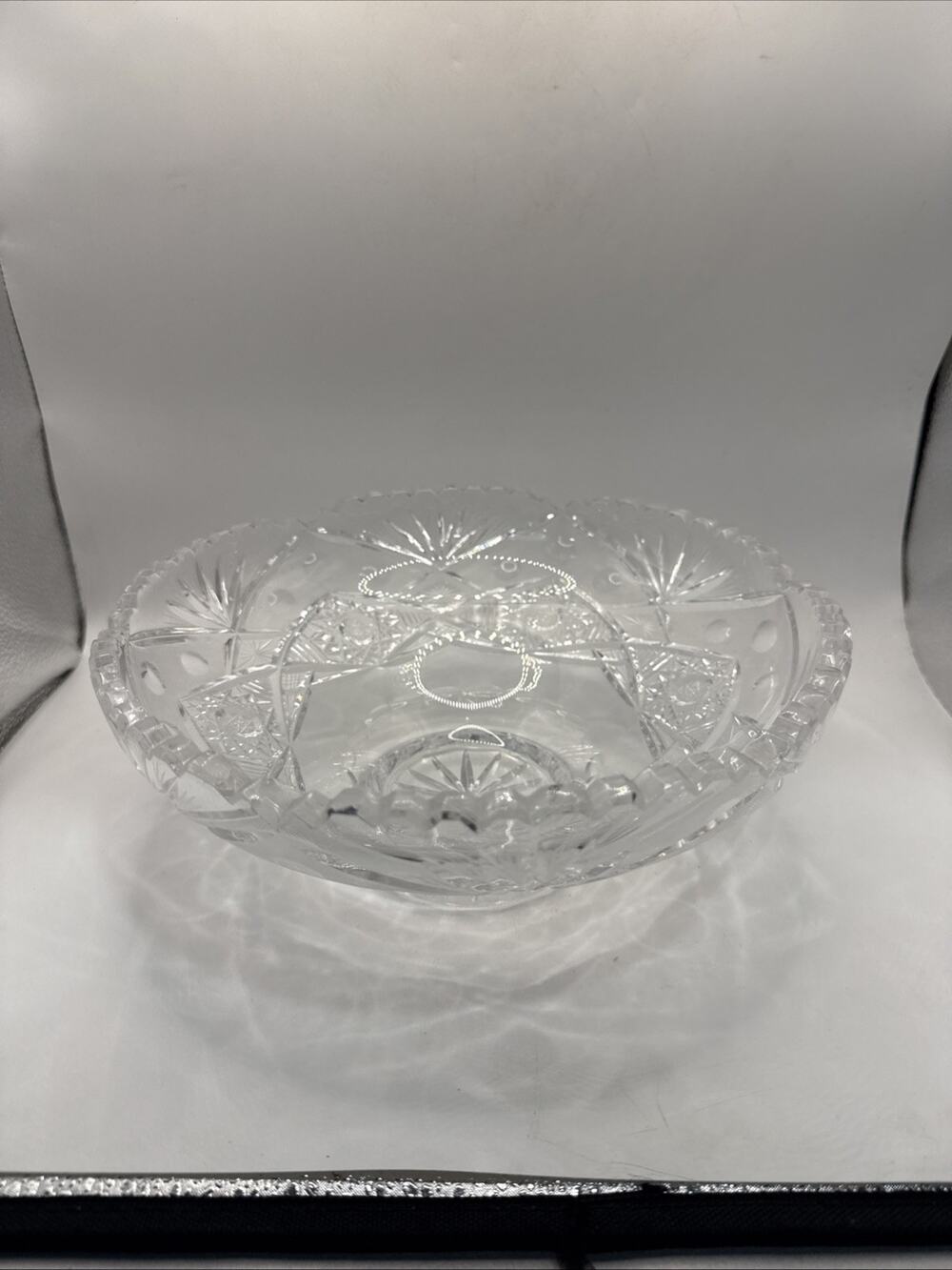 Vintage Heavy Cut Crystal Bowl 9” Starburst Geometric Pattern Centerpiece *